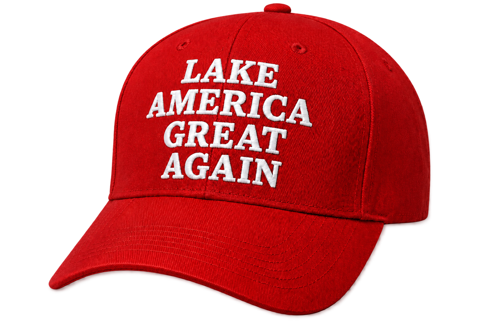 Red baseball cap embroidered with Lake America Great Again