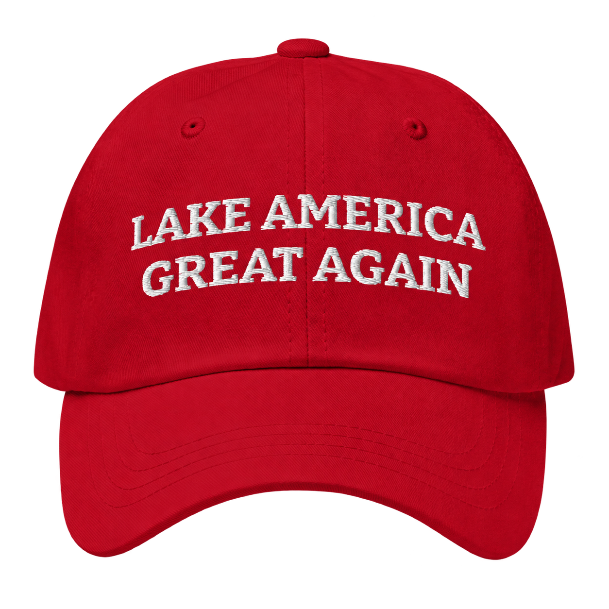 Front view of a red baseball cap embroidered with Lake America Great Again